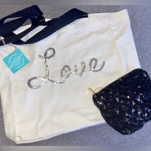 NWT LOVE Silver Black Sequin Tote Change Purse